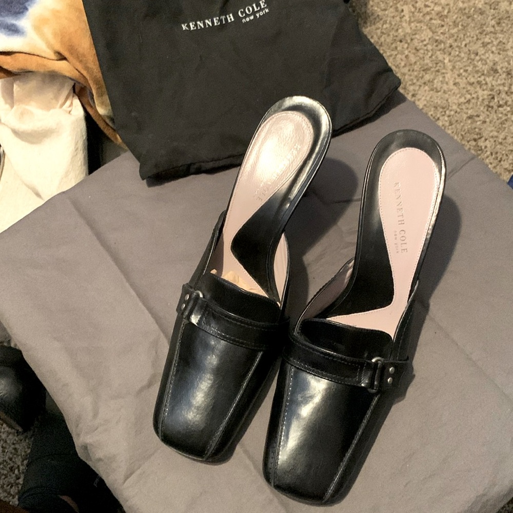 Kenneth Cole mules, black with silver bucks accent, w/dust bag.